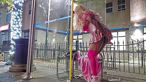 Dildo And Cum At The Bus Stop